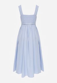 Renee - Niebieska Bawełniano-Wiskozowa Sukienka na Szerokich Ramiączkach z Wąskim Paskiem Alcassa. Typ kołnierza: dekolt kwadratowy. Kolor: niebieski. Materiał: wiskoza, bawełna. Długość rękawa: na ramiączkach. Typ sukienki: proste, rozkloszowane. Styl: elegancki #3