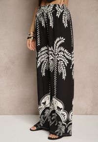 Renee - Czarne Spodnie z Wiskozy o Szerokim Kroju High Waist z Palmami Varritia. Okazja: na co dzień. Stan: podwyższony. Kolor: czarny. Materiał: wiskoza. Sezon: lato. Styl: elegancki, casual #3