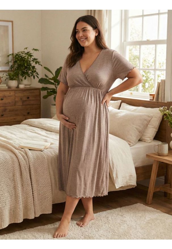 Sinsay - Koszula nocna ciążowa z bawełną i wiskozą - brązowy. Kolekcja: moda ciążowa. Kolor: brązowy. Materiał: wiskoza, bawełna