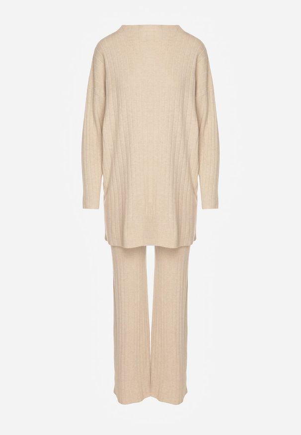 Born2be - Beżowy Prążkowany Komplet Dzianinowy z Bawełną Sweter z Półgolfem i Spodnie Elweda. Kolor: beżowy. Materiał: bawełna, prążkowany, dzianina