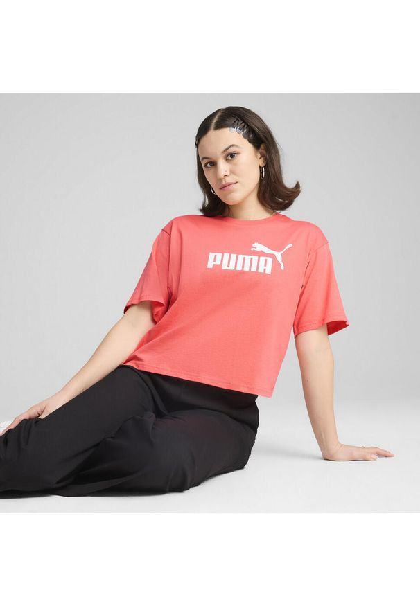 Puma - Damska luźna koszulka z logo NO.1 ESS Cropped PUMA Peach Frost Red. Kolor: czerwony. Materiał: jeans. Wzór: nadruk. Sport: fitness