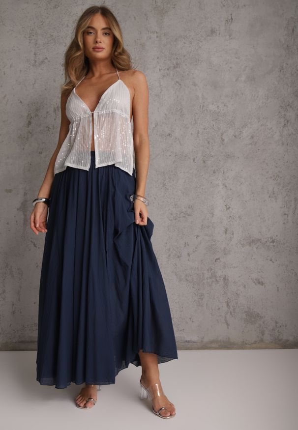 Renee - Granatowa Rozkloszowana Spódnica z Bawełny w Stylu Preppy Petrra. Okazja: na co dzień. Kolor: niebieski. Materiał: bawełna. Długość: krótkie. Styl: casual