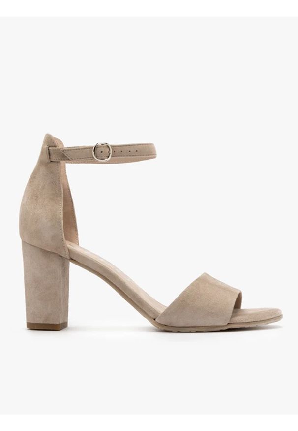Ryłko - Beżowe sandały z zabudowaną piętą. Kolor: beżowy. Materiał: skóra, welur. Obcas: na obcasie. Styl: street. Wysokość obcasa: średni