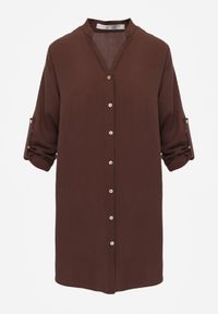Renee - Brązowa Pudełkowa Sukienka Bawełniana Oversize z Dekoltem w Serek Elavellis. Okazja: na co dzień. Typ kołnierza: dekolt w serek. Kolor: brązowy. Materiał: bawełna. Typ sukienki: oversize. Styl: elegancki, casual #4