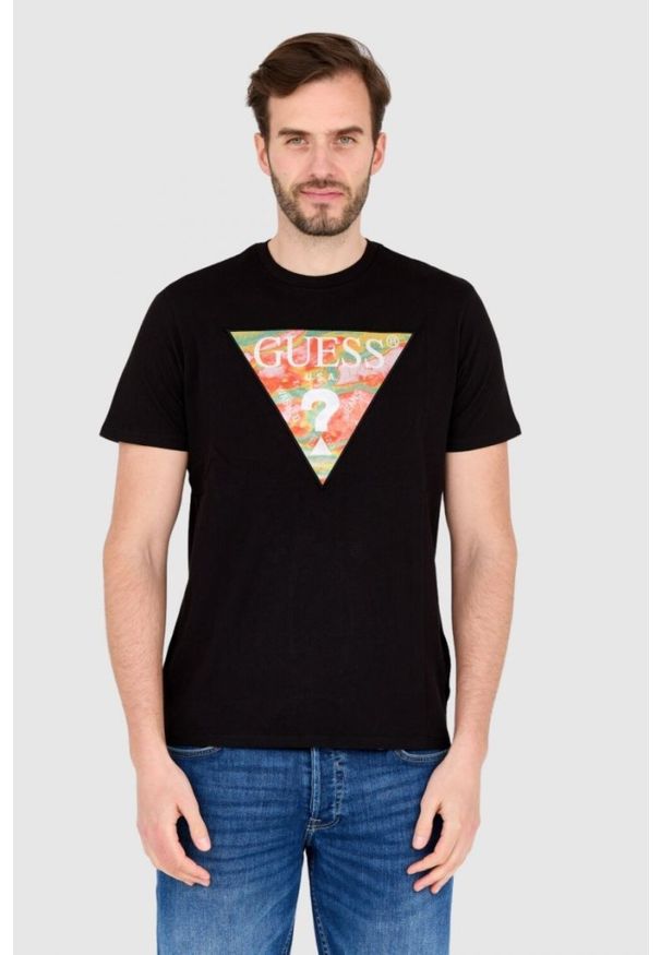 Guess - GUESS Czarny bawełniany męski T-shirt slim fit, Rozmiar M. Kolor: czarny. Materiał: bawełna. Wzór: aplikacja