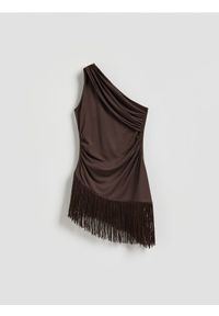 Reserved - Asymetryczna bluzka z frędzlami - brązowy. Kolor: brązowy. Materiał: dzianina, włókno #1
