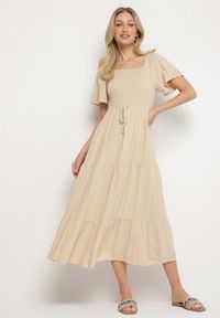 Born2be - Beżowa Sukienka z Wiskozą Lnem i Elastyczną Górą Ellisena. Okazja: na co dzień, na spacer. Kolor: beżowy. Materiał: len, wiskoza. Typ sukienki: proste. Styl: klasyczny, casual, elegancki #1
