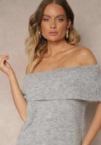 Renee - Jasnoszary Sweter Top z Hiszpańskim Wywijanym Dekoltem z Wełną Inarose. Kolor: szary. Materiał: wełna #5