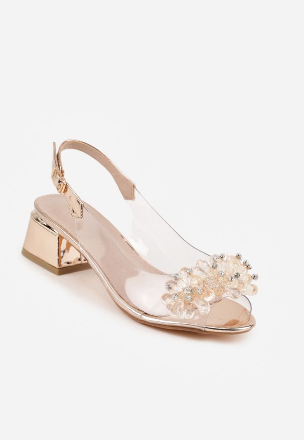 Renee - Szampańskie Przezroczyste Sandały VICES na Słupku Ozdobione Cyrkoniami Sarlisa. Zapięcie: sprzączka. Kolor: złoty. Materiał: satyna. Wzór: aplikacja. Obcas: na słupku