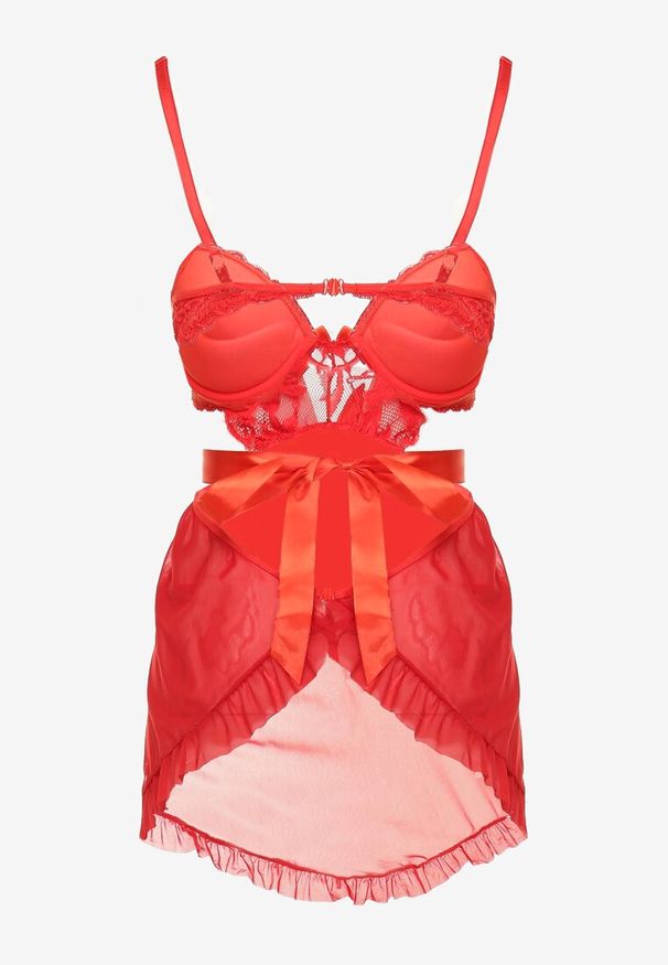 Renee - Czerwona Siateczkowa Koszula Nocna z Biustonoszem Push Up i Stringami Ariaqua. Kolor: czerwony. Materiał: tkanina