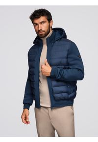 Ombre Clothing - Pikowana kurtka bomberka z kapturem i dzianinowymi rękawami – granatowa V2 - Rozmiar: L. Typ kołnierza: kaptur. Kolor: niebieski. Materiał: dzianina. Wzór: aplikacja, nadruk. Styl: klasyczny