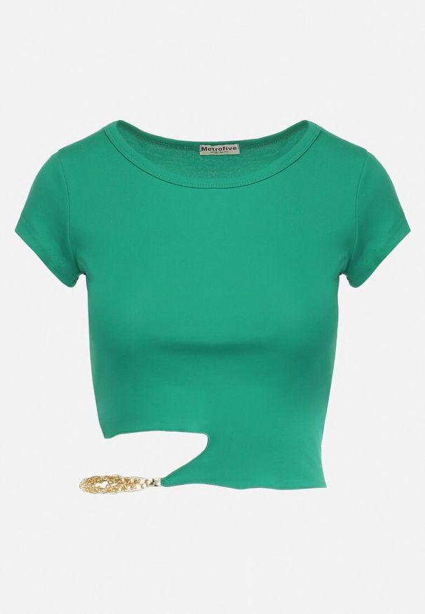 Born2be - Zielony Bawełniany T-shirt z Asymetrycznym Wycięciem i Ozdobnym Łańcuszkiem Glitia. Okazja: na co dzień. Kolor: zielony. Materiał: bawełna. Styl: casual