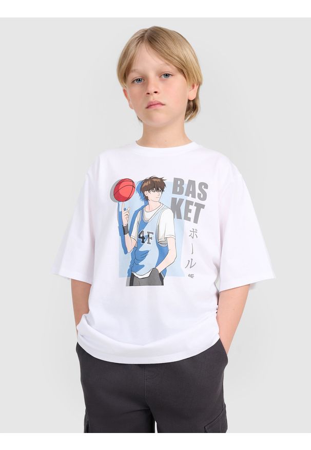 4f - 4F T-shirt oversize z nadrukiem chłopięcy - biały 146 (10-11 lat). Okazja: na co dzień. Kolor: biały. Materiał: jersey, bawełna, materiał. Wzór: nadruk. Sezon: lato. Styl: sportowy, klasyczny, casual