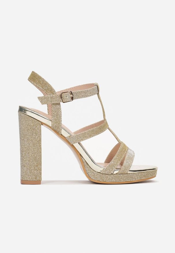 Born2be - Złote Sandały na Słupku Ozdobione Brokatem Idosima. Zapięcie: pasek. Kolor: złoty. Wzór: aplikacja. Obcas: na słupku. Styl: elegancki