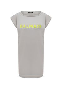 Balmain - BALMAIN - Bawełniana sukienka z neonowym logo. Okazja: na co dzień. Kolor: szary. Materiał: bawełna. Wzór: nadruk, aplikacja. Typ sukienki: proste. Styl: casual. Długość: mini