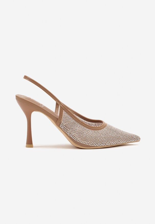 Renee - Brązowe Sandały Szpilki Slingback z Noskiem w Szpic Zdobione Cyrkoniami Zenvia. Okazja: na imprezę, do pracy, na spotkanie biznesowe. Kolor: brązowy. Wzór: aplikacja. Obcas: na szpilce. Styl: biznesowy, wizytowy