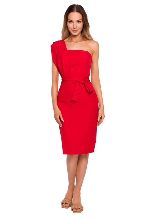 Cud Moda - Dopasowana Sukienka na Jedno Ramię - Czerwona. Kolor: czerwony. Materiał: poliester, elastan