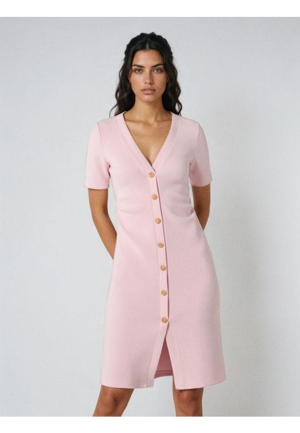 Sinsay - Sukienka mini z marszczeniem w talii i dekoracyjnymi guzikami - różowy. Kolor: różowy. Długość: mini