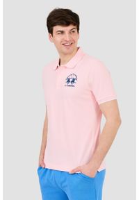 La Martina - LA MARTINA Różowe męskie polo z dużym logo, Rozmiar XL. Typ kołnierza: polo. Kolor: różowy #9