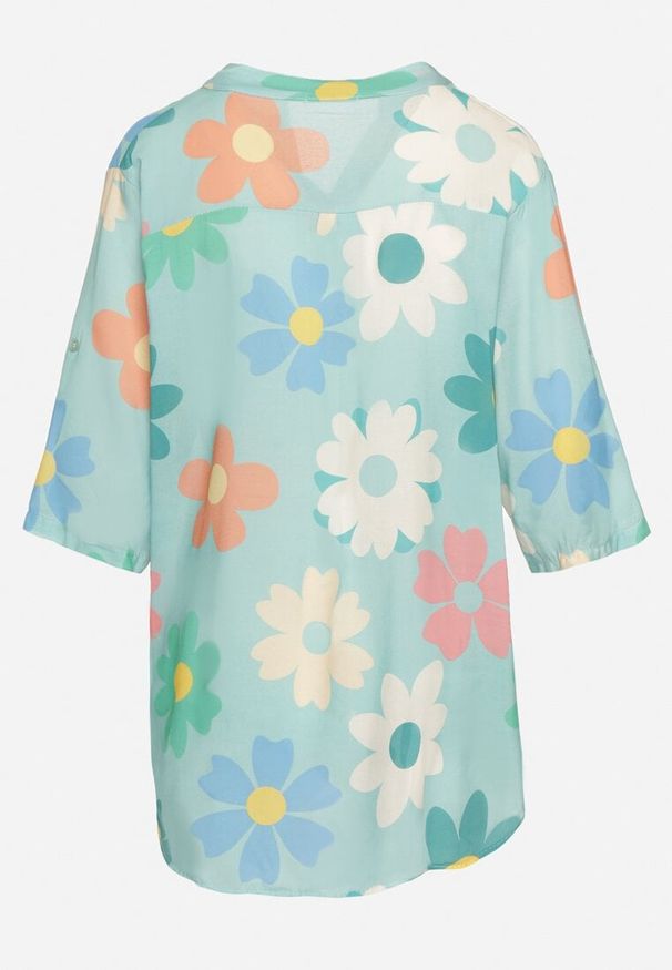 Born2be - Miętowa Wiskozowa Koszula Zapinana na Guziki z Rękawem Długości 3/4 i Wzorem w Kwiaty Xebbia. Okazja: na co dzień, na spotkanie biznesowe, do pracy. Kolor: miętowy. Materiał: wiskoza. Wzór: kwiaty. Styl: biznesowy, casual