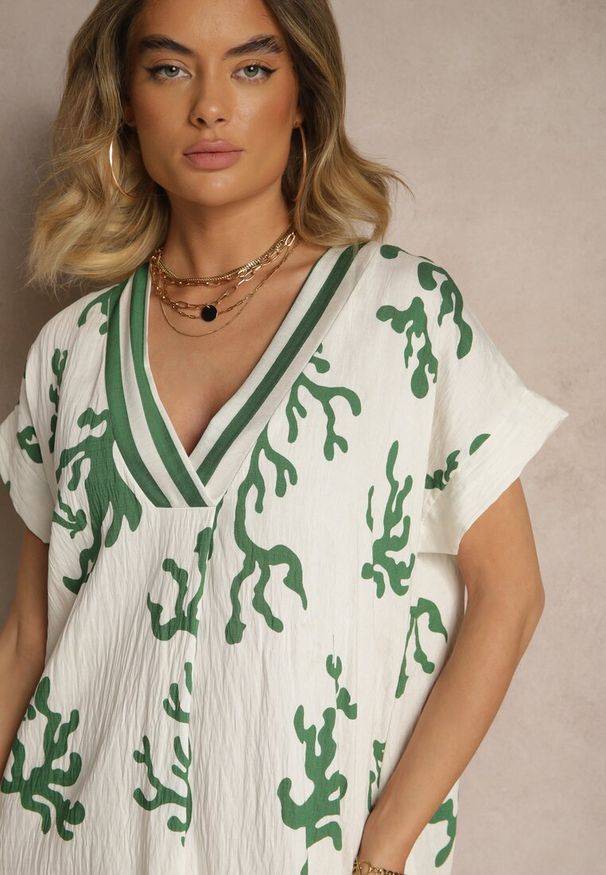Renee - Zielono-Beżowa Pudełkowa Sukienka z Wiskozą i Lnem Sadeone. Okazja: na co dzień. Kolor: zielony. Materiał: len, wiskoza. Styl: elegancki, casual
