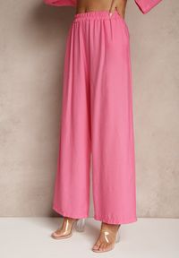 Renee - Fuksjowy Wiskozowy Komplet Oversize Koszula i Spodnie Wide Leg Zierana. Kolor: różowy. Materiał: wiskoza
