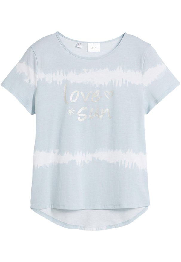 bonprix - T-shirt z dłuższym tyłem z czystej bawełny organicznej. Kolor: niebieski. Materiał: bawełna. Długość: długie. Wzór: nadruk