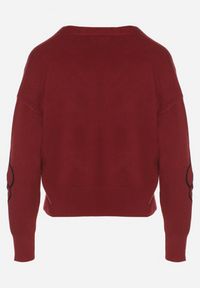 Born2be - Bordowy Kardigan na Guziki w Haftowane Kwiaty Tustara. Okazja: na co dzień. Kolor: czerwony. Materiał: jeans. Wzór: kwiaty, haft. Styl: casual #5