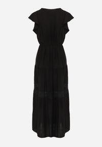 Born2be - Czarna Sukienka Cileis. Typ kołnierza: kołnierz z falbankami. Kolor: czarny. Materiał: wiskoza, koronka. Długość rękawa: krótki rękaw. Wzór: geometria. Długość: maxi #2