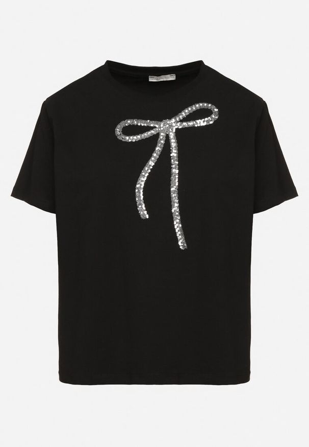 Born2be - Czarny T-shirt Oversize z Bawełny Zdobiony Kokardą z Cekinów Tenesela. Okazja: na co dzień. Typ kołnierza: kokarda. Kolor: czarny. Materiał: bawełna. Wzór: aplikacja. Styl: casual
