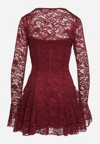 Born2be - Bordowa Rozkloszowana Sukienka Koktajlowa z Koronką i Bolerkiem Eyrfedi. Okazja: na randkę, na ślub cywilny, na wesele. Kolor: czerwony. Materiał: koronka. Długość rękawa: na ramiączkach. Wzór: koronka. Styl: wizytowy #6