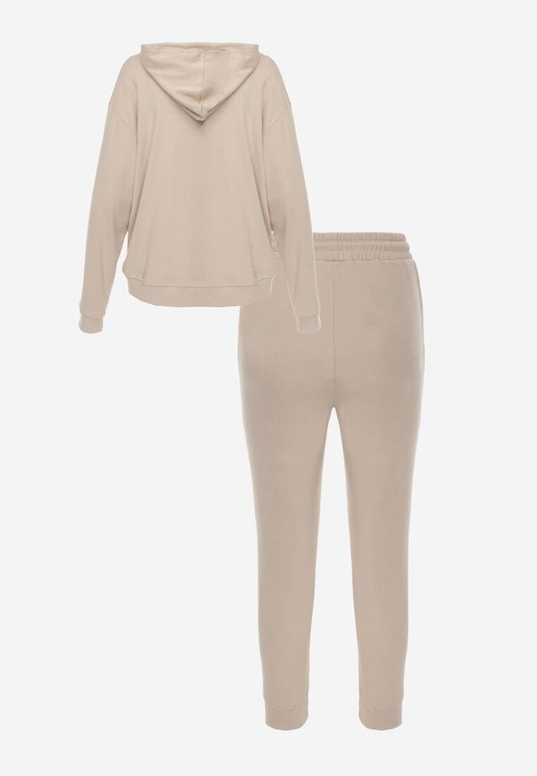 Renee - Beżowy Komplet Dresowy Spodnie Joggery i Bluza z Kapturem na Suwak Bernika. Kolor: beżowy. Materiał: dresówka. Wzór: gładki