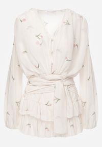 Born2be - Beżowy Szyfonowy Kombinezon z Falbanami i Wiązaniem w Pasie Rovenda. Okazja: na co dzień. Kolor: beżowy. Materiał: szyfon. Styl: casual, elegancki #8