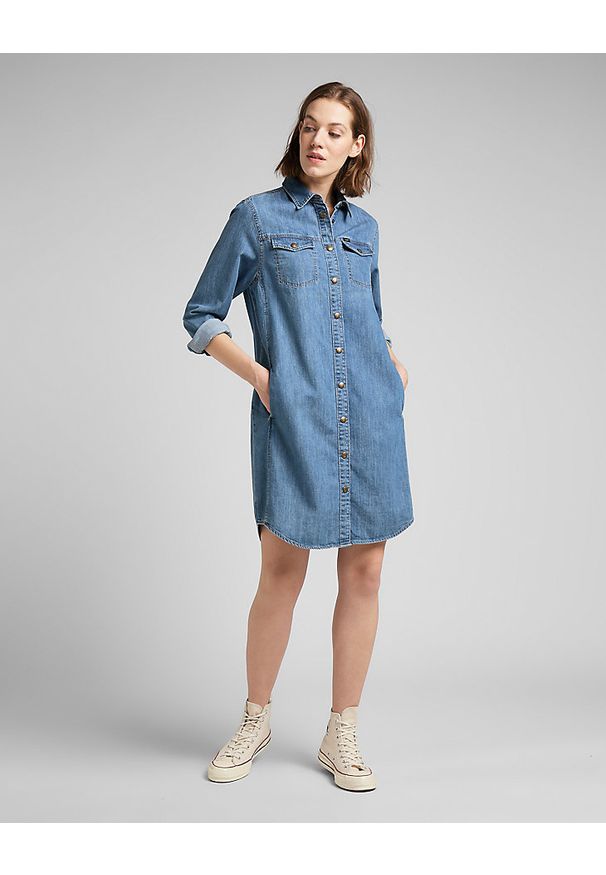 Lee - LEE SHIRT DRESS DAMSKA SUKIENKA JEANSOWA DŻINS MID STONE L50DPLVK 112145226. Materiał: jeans