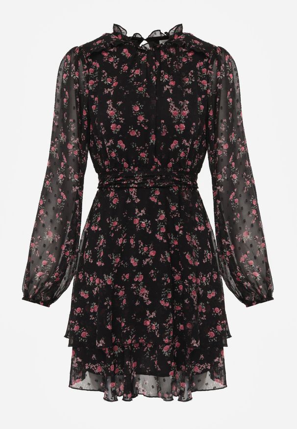 Born2be - Czarna Rozkloszowana Sukienka w Kwiaty i Kropki z Transparentnymi Rękawami Edinella. Okazja: na co dzień. Kolor: czarny. Materiał: poliester, zamsz. Wzór: kwiaty, kropki. Styl: casual