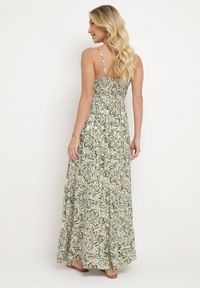 Born2be - Zielono-Beżowa Rozkloszowana Sukienka z Bawełny na Cienkich Ramiączkach z Gumką w Pasie i Haftem Xuretta. Okazja: na spacer, na imprezę. Typ kołnierza: dekolt w kształcie V. Kolor: zielony. Materiał: bawełna. Długość rękawa: na ramiączkach. Wzór: haft. Sezon: lato. Styl: boho #7