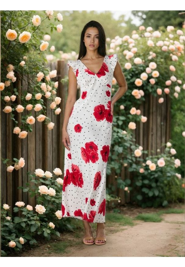 Sinsay - Sukienka midi w grochy z motywem maków - wielobarwny. Wzór: grochy. Długość: midi