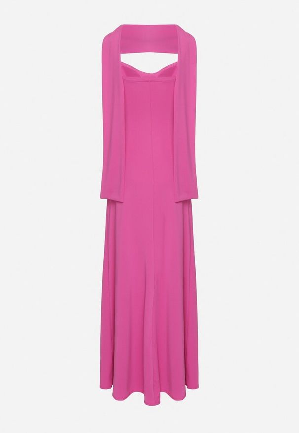 Born2be - Fuksjowa Taliowana Sukienka Ozdobiona Szalem i Marszczeniem Melovea. Okazja: na co dzień. Kolor: różowy. Materiał: skóra. Długość rękawa: na ramiączkach. Wzór: aplikacja. Styl: elegancki, casual