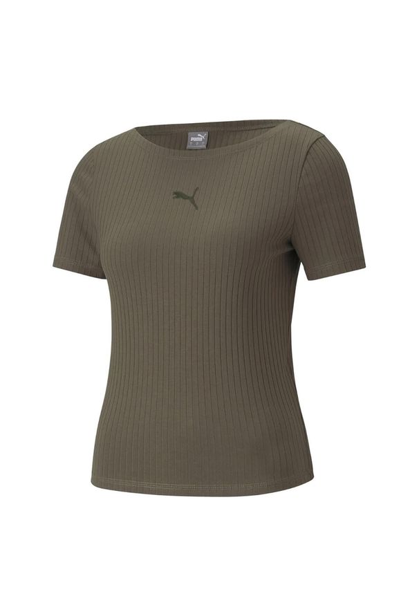 Puma - T-shirt Damski Prążkowana Slim. Kolor: zielony. Materiał: prążkowany