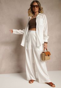 Renee - Białe Spodnie Palazzo High Waist z Szeroką Nogawką i Gumką w Talii Jenarielis. Okazja: na co dzień. Stan: podwyższony. Kolor: biały. Styl: casual