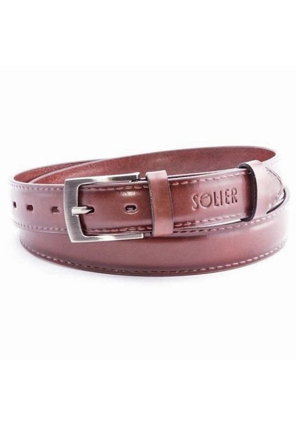 Solier - Skórzany elegancki pasek męski SOLIER SB09 ciemny brązowy 110 cm. Kolor: brązowy. Materiał: skóra. Wzór: aplikacja, paski. Styl: elegancki