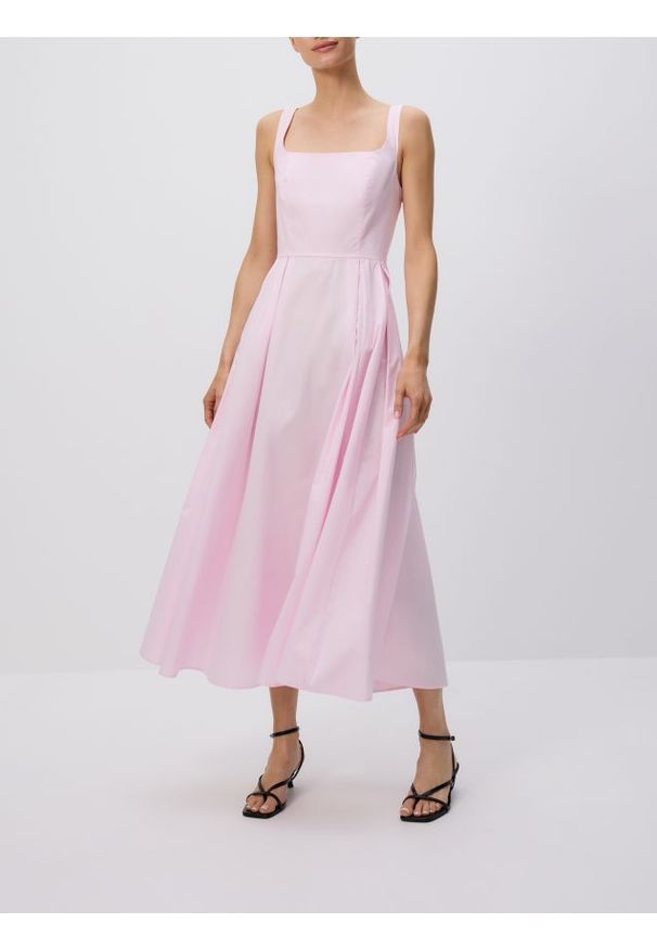 Reserved - Bawełniana sukienka midi - różowy. Kolor: różowy. Materiał: bawełna. Długość: midi