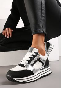 Born2be - Czarno-Białe Sneakersy na Platformie Ozdobione Brokatem i Suwakiem Heliaza. Nosek buta: okrągły. Zapięcie: sznurówki. Kolor: czarny. Materiał: materiał. Wzór: aplikacja. Obcas: na platformie. Wysokość obcasa: niski #3