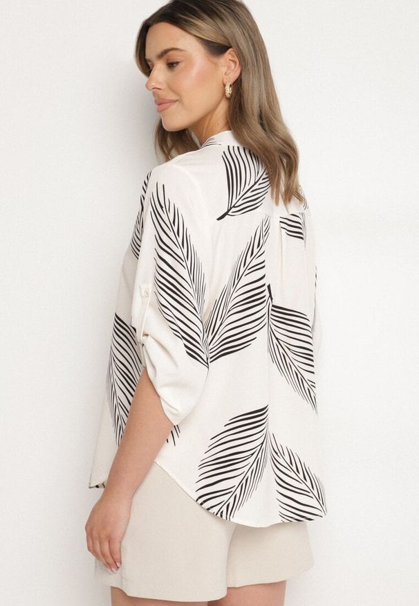 Born2be - Jasnobeżowa Koszula z Bawełną we Wzór Liści Lumavaie. Okazja: na co dzień. Kolor: beżowy. Materiał: bawełna. Styl: casual, elegancki