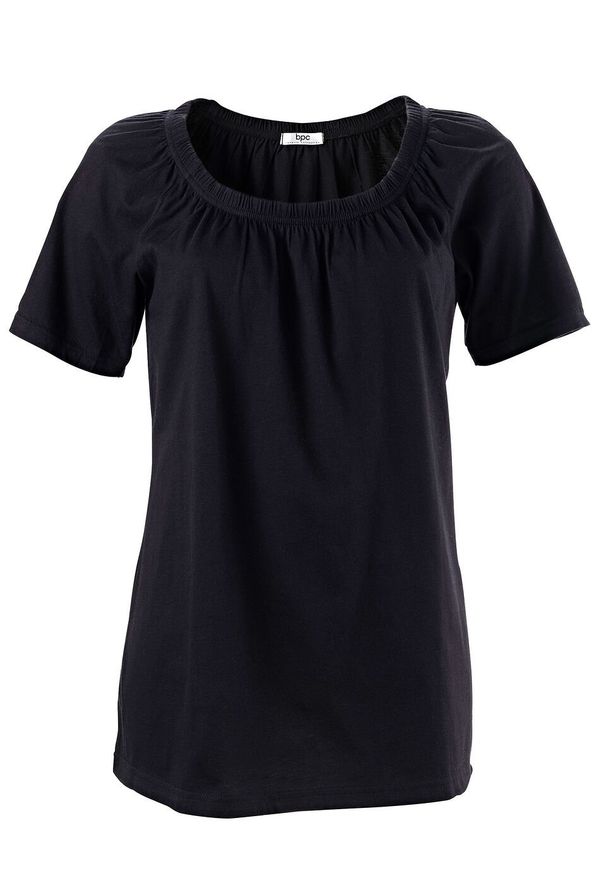 Shirt bawełniany z elastycznym dekoltem, krótki rękaw bonprix czarny. Kolor: czarny. Materiał: bawełna. Długość rękawa: krótki rękaw. Długość: krótkie