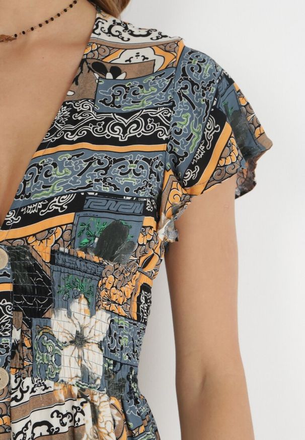 Born2be - Szara Sukienka Maxi z Wiskozy z Gumką w Talii i Guzikami Nyllu. Kolor: szary. Materiał: wiskoza. Wzór: aplikacja. Długość: maxi