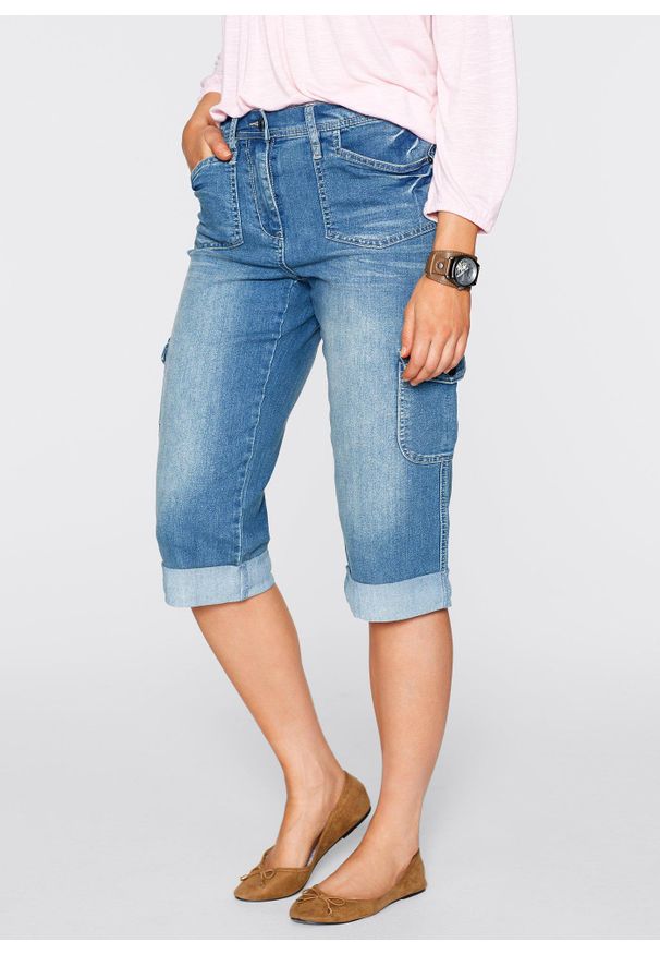 bonprix - Dżinsy bojówki mid waist, ze stretchem. Kolor: niebieski