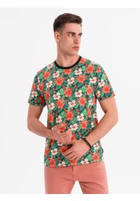 Ombre Clothing - Męski t-shirt bawełniany w kwiatowy wzór full print – czarny V2 OM-TSFP-0249 - XXL. Okazja: na co dzień, na spacer. Kolor: czarny. Materiał: bawełna. Długość rękawa: krótki rękaw. Długość: krótkie. Wzór: kwiaty, nadruk. Sezon: lato. Styl: wakacyjny, elegancki, casual