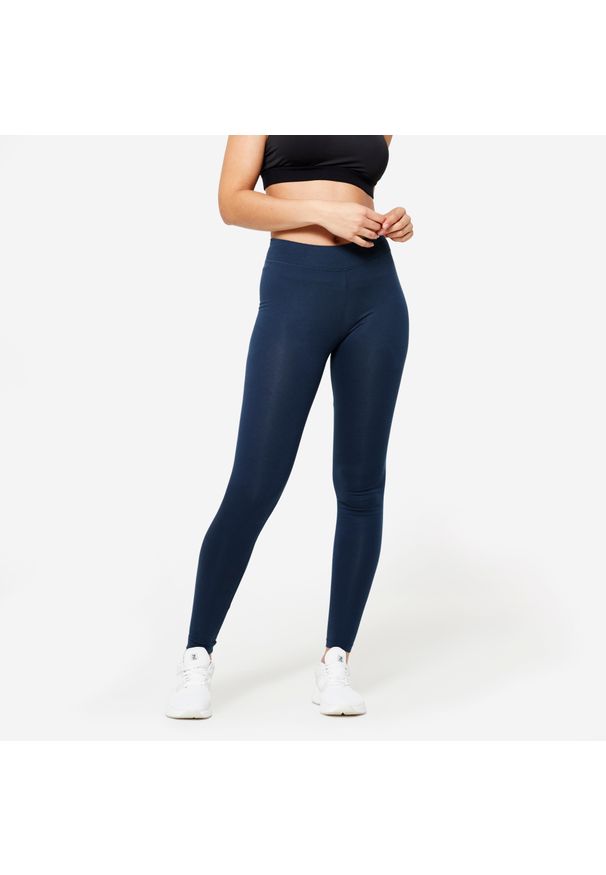 DOMYOS - Legginsy fitness damskie Domyos slim. Kolor: niebieski. Materiał: materiał, elastan, bawełna. Długość: długie. Sport: fitness