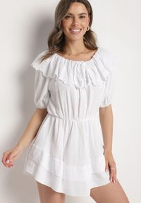 Born2be - Biała Bawełniana Sukienka z Ażurową Falbaną i Wiązaniem Univelle. Okazja: na co dzień. Kolor: biały. Materiał: bawełna. Wzór: ażurowy. Sezon: wiosna, lato. Styl: casual, elegancki, klasyczny #7